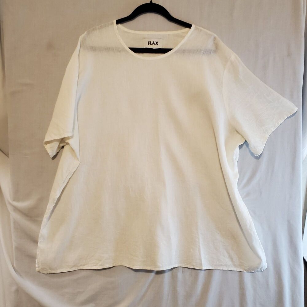 FLAX Jeanne Engelhart White Linen Boxy Top Womens Sz 3G Plus Short Sleeve Blouse